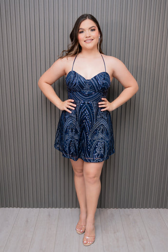 Midnight Blue Sequins Fit & Flare Dress