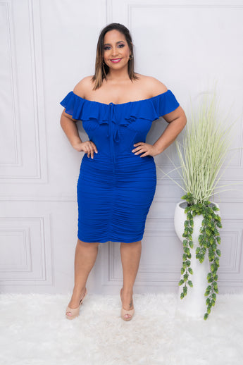 Royal Blue Mesh Ruched Midi Dress