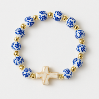 Blue Porcelain Bracelet with Cross Pendant