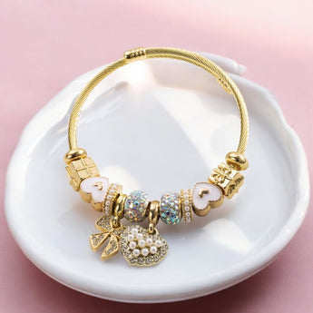 White Iridescent Bow and Heart Charms Bangle