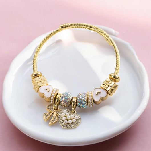 White Iridescent Bow and Heart Charms Bangle