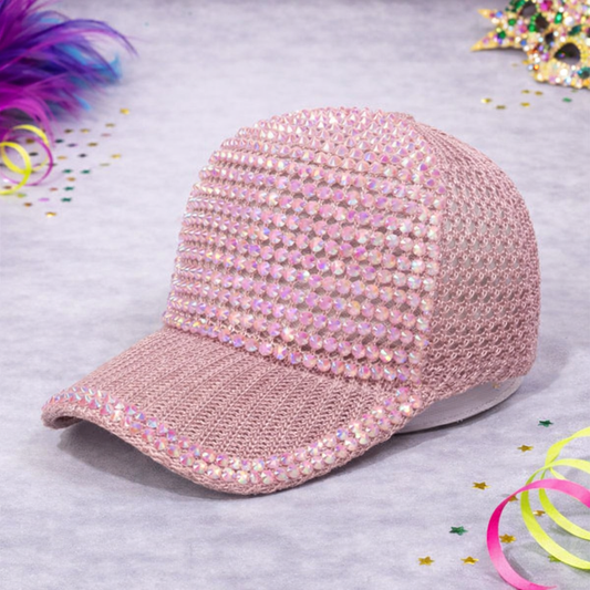 Pink Rhinestone Mesh Detail Cap
