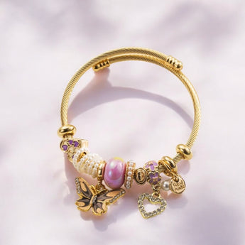 Pink Iridescent Bow and Heart Charms Bangle
