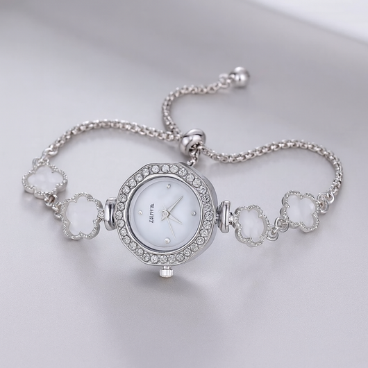 Silver Flower Rhinestone Quartz Adjustable Watch