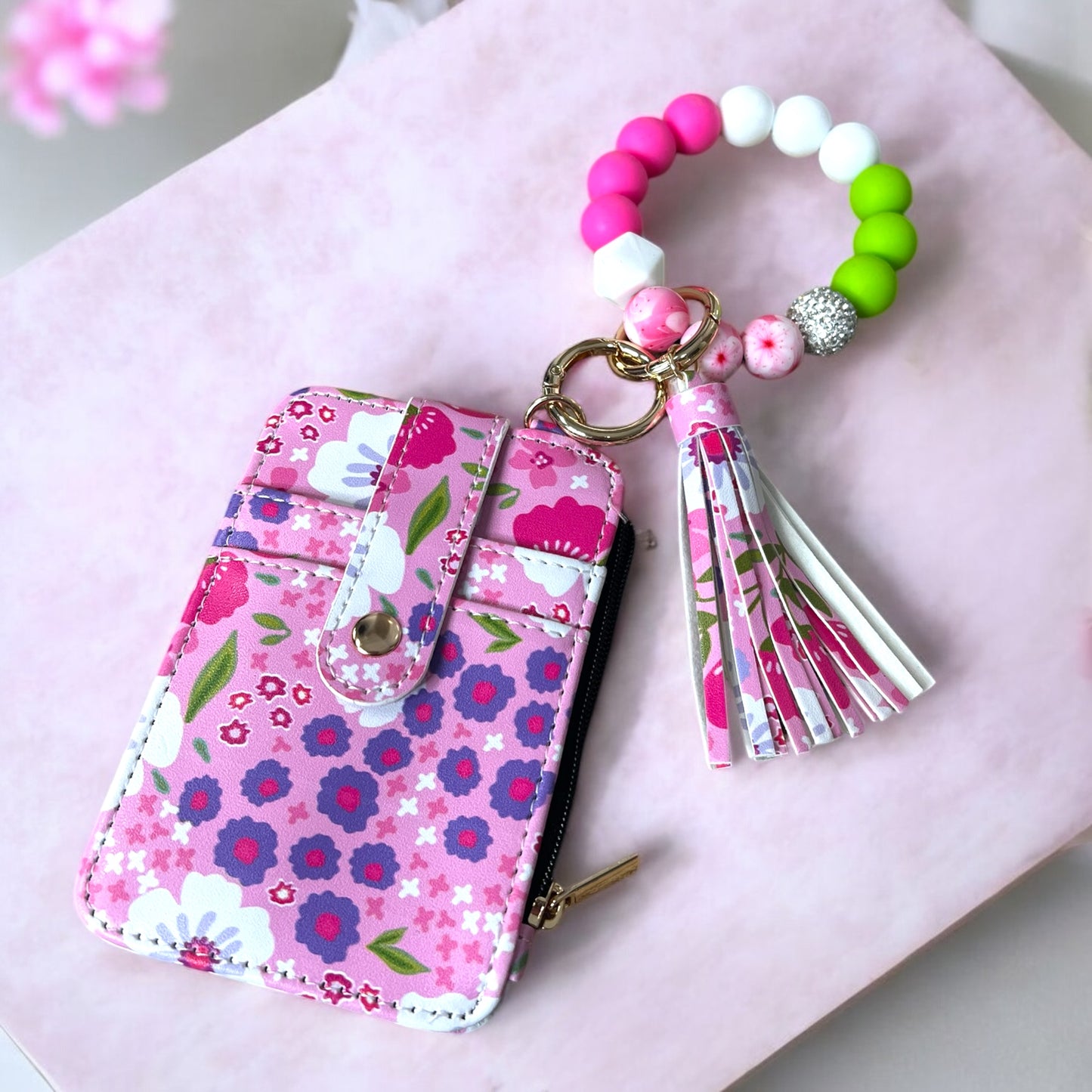 Beads Wristlet Flower Card Holder