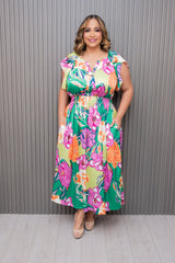 Green Floral Midi Dress with Smocked Waist