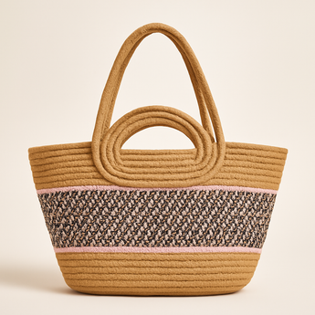 Khaki Straw Color Block Vacation Beach Tote Bag