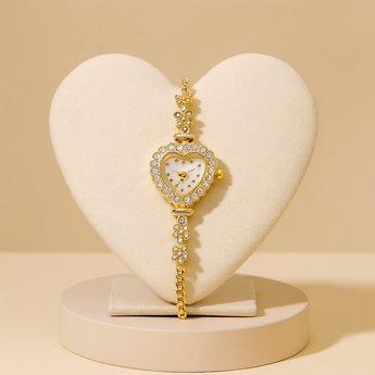 Gold/White Heart Rhinestone Quartz Adjustable Watch