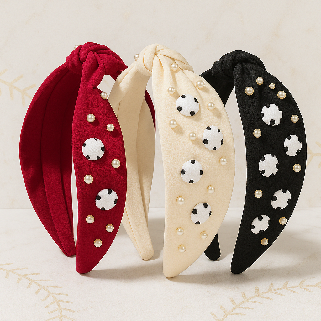 Red Baseball and Pearls Headband
