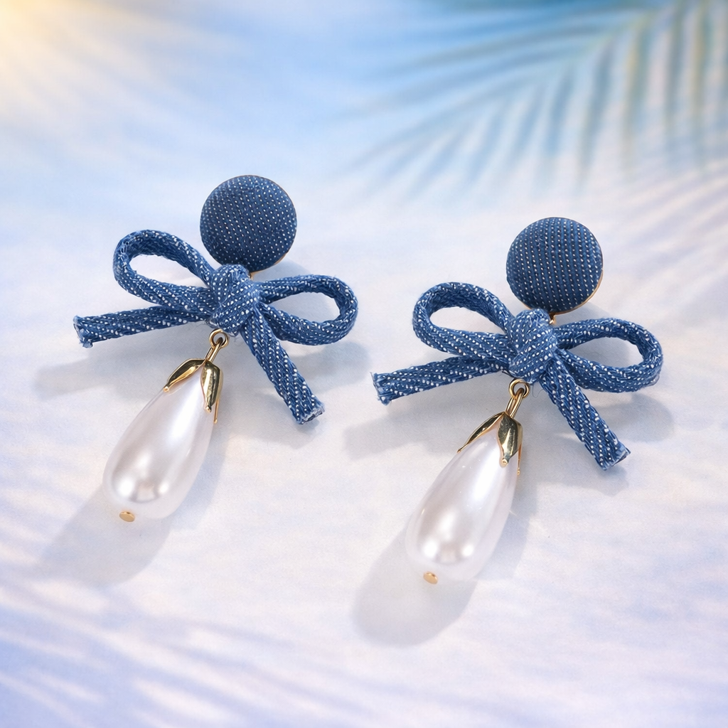 Denim Bow Pearl Drop Earring