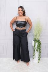 Black Faux Leather Rhinestone Fringe Crop Top