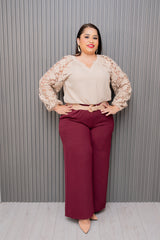 Plum Elastic Waist Wide Leg Pants with Belt