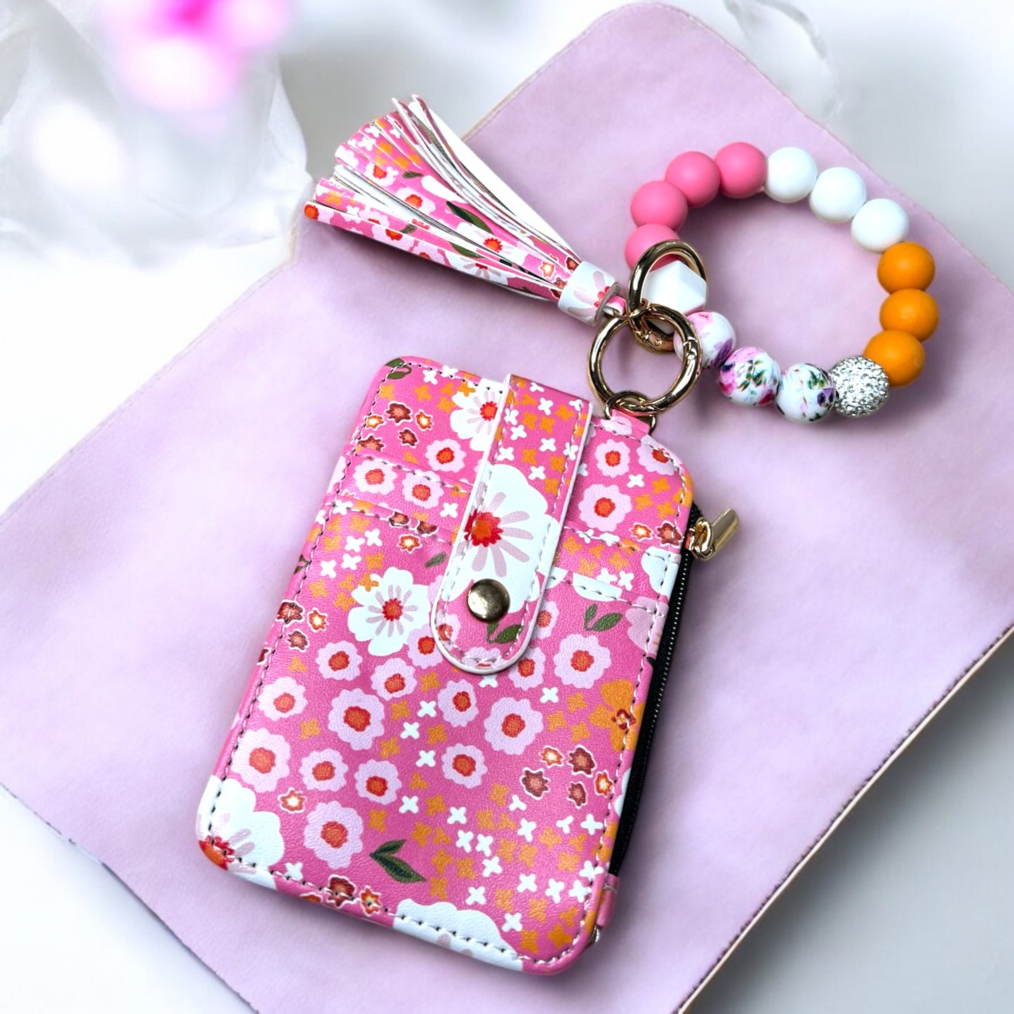 Beads Wristlet Flower Card Holder