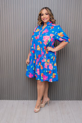 Royal Blue Floral Mini Dress with Puff Sleeves