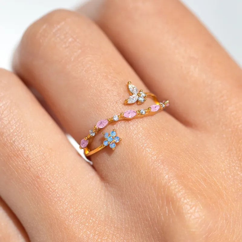 Butterfly Rhinestone Adjustable Open Ring