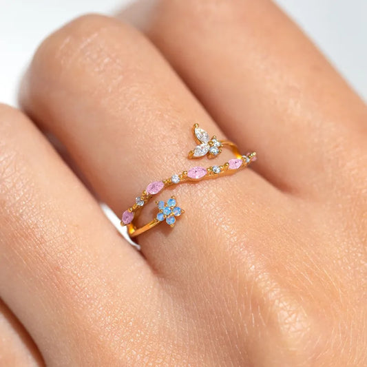 Butterfly Rhinestone Adjustable Open Ring