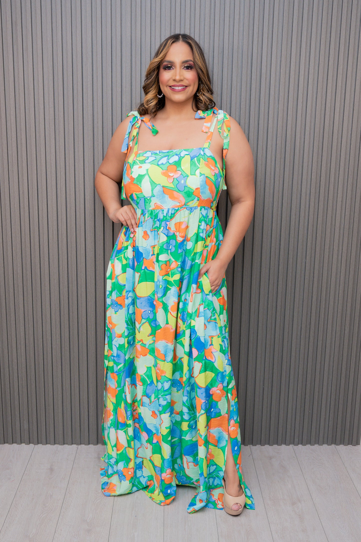 Green Floral Square Neck Maxi Dress