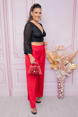 Red Pleated Long Wide Pants