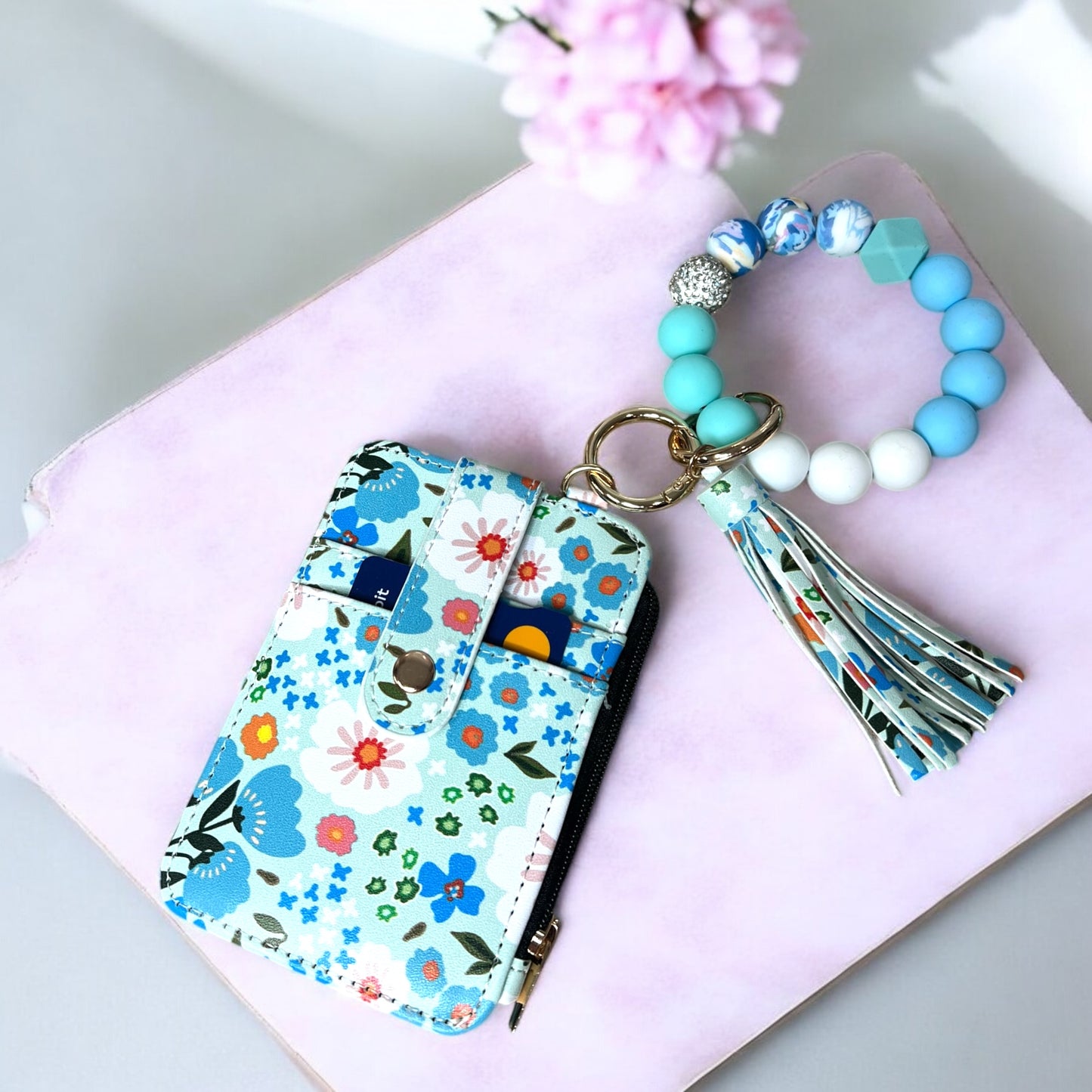 Beads Wristlet Flower Card Holder