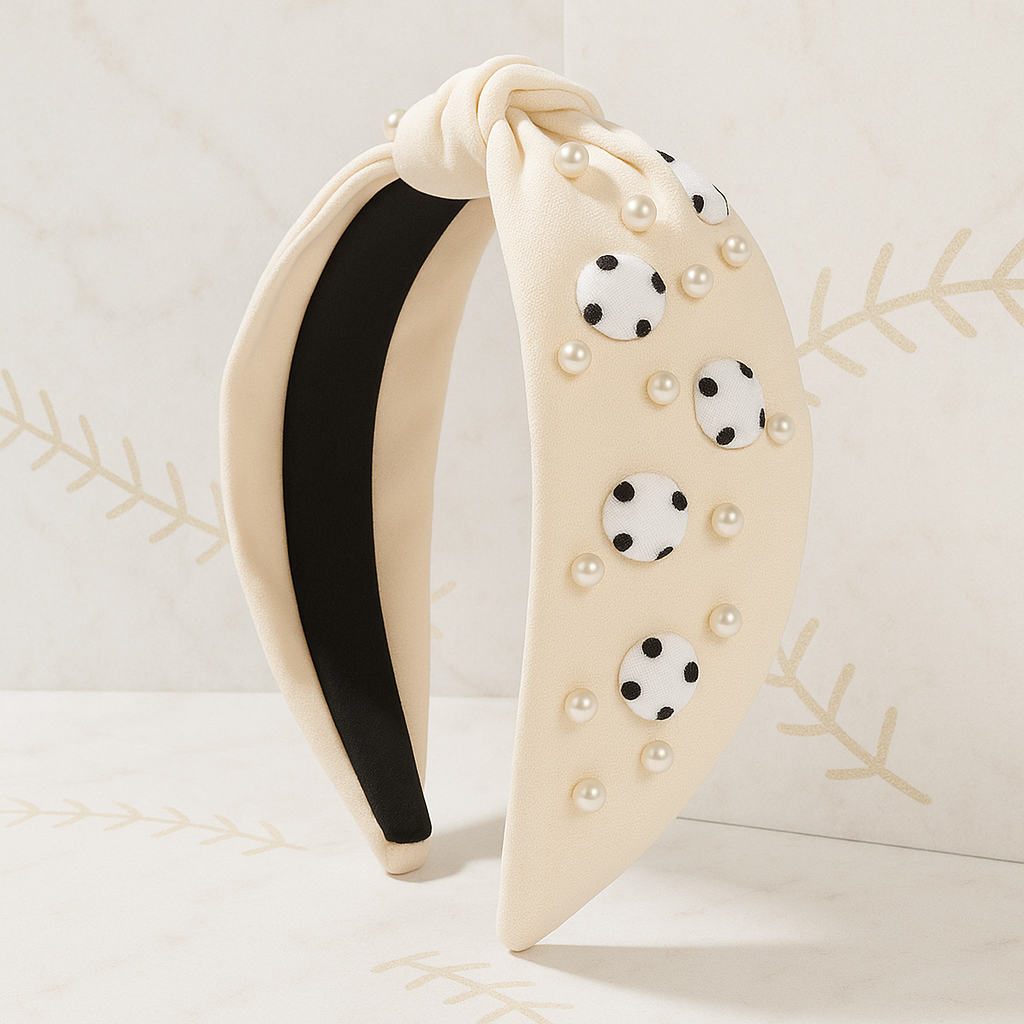 White Baseball and Pearls Headband