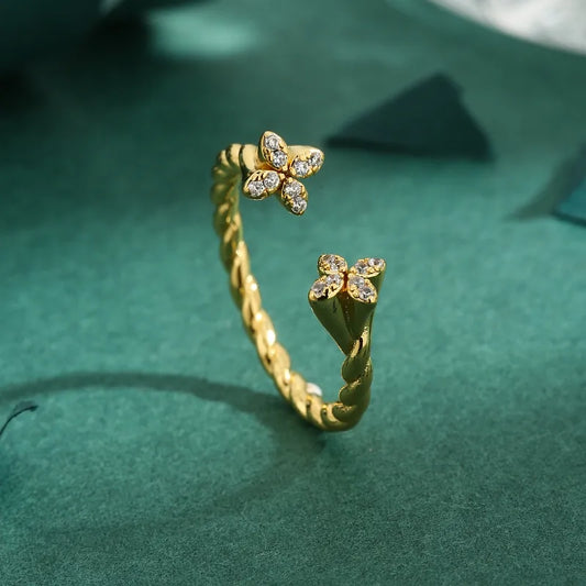 Twisted Open Ring with Flower Rhinestone