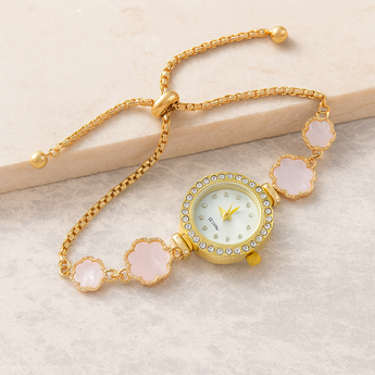 Rose Gold Flower Rhinestone Quartz Adjustable Watch