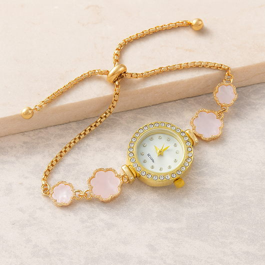 Rose Gold Flower Rhinestone Quartz Adjustable Watch