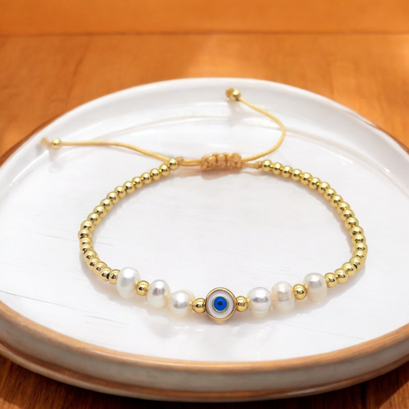 Evil Eye Adjustable Bracelet with Pearls
