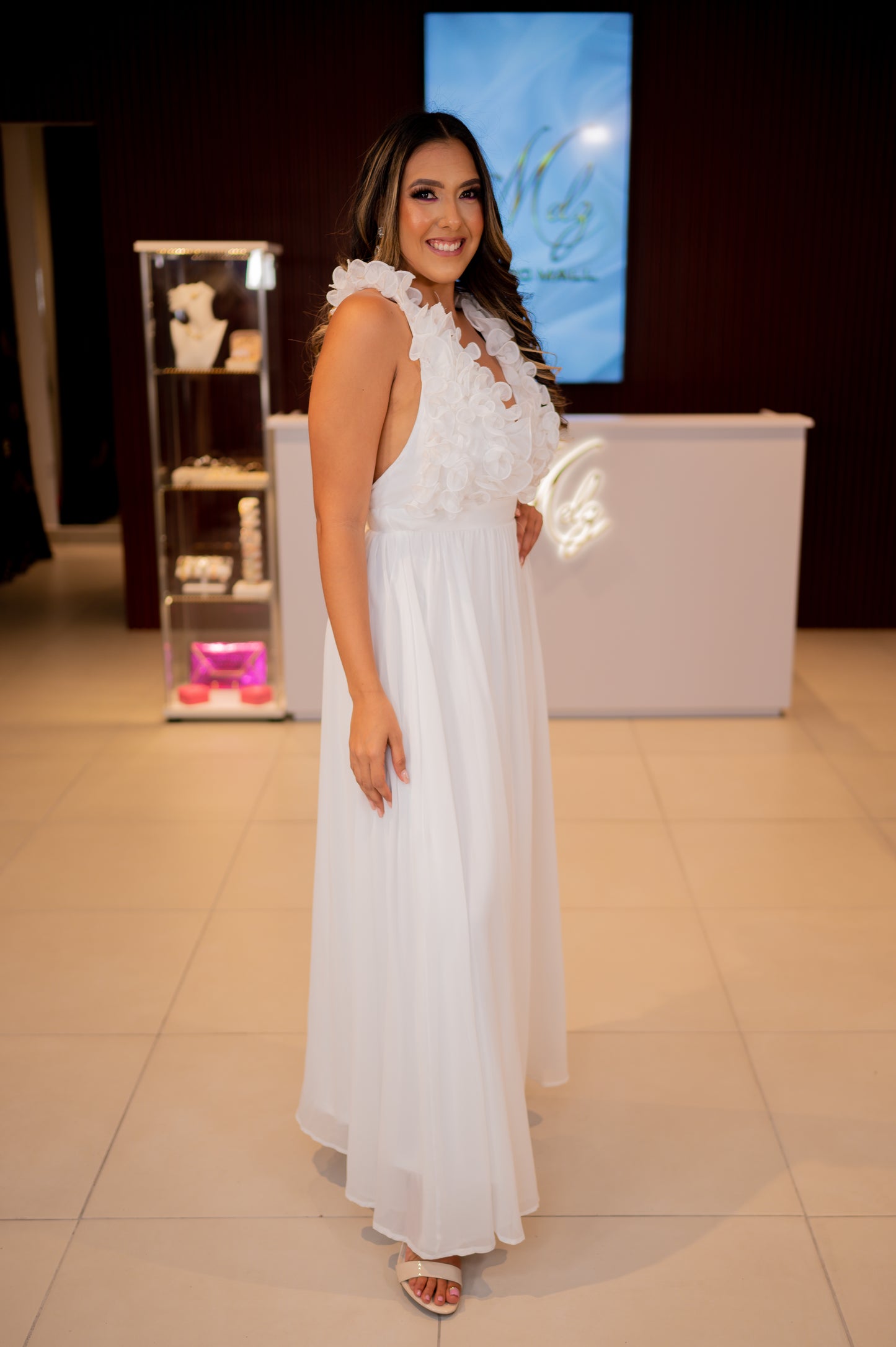 Ivory Back Ruffle Halter Neck Maxi Dress