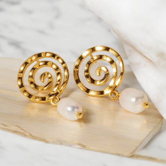 Gold Swirl Earring with a Dangling Pearl