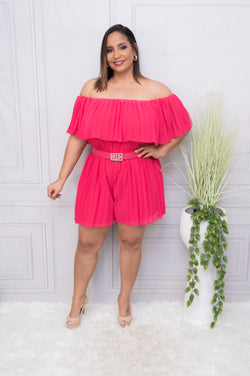 Fuchsia Pleated Off Shoulder Romper with Belt