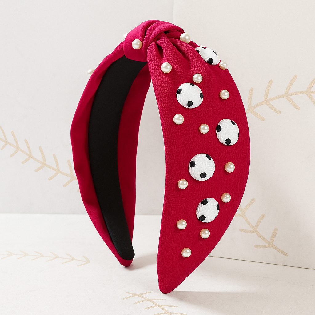 Red Baseball and Pearls Headband