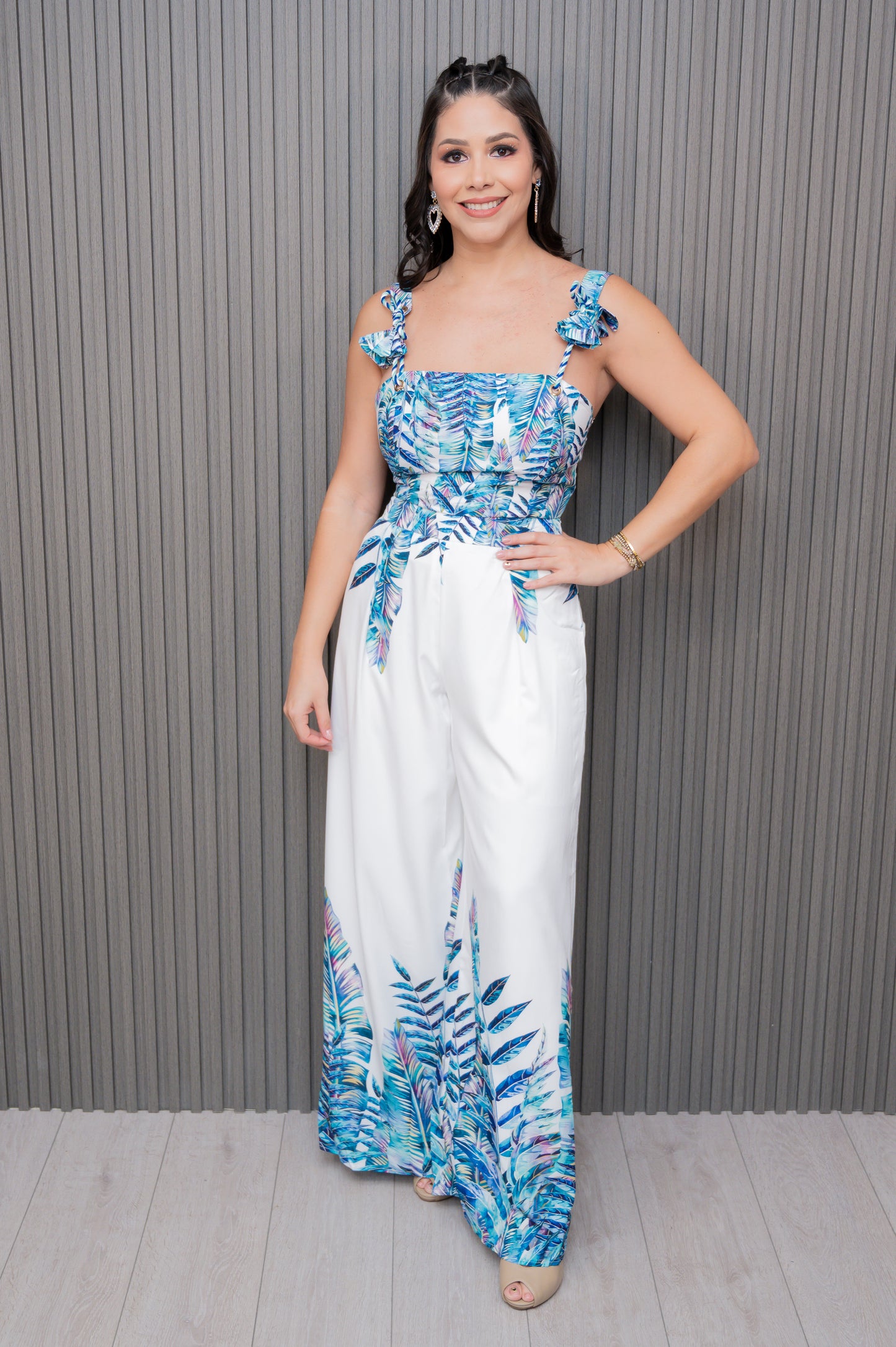White/Blue Printed Crop Top and Pant Set