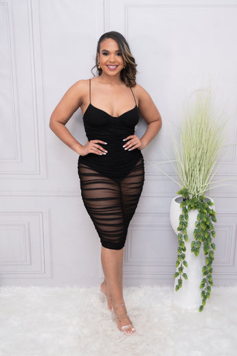 Black Balconette Bodysuit Ruched Mesh Dress