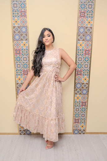 Gold Tied Back Sequin Ruffle Dress