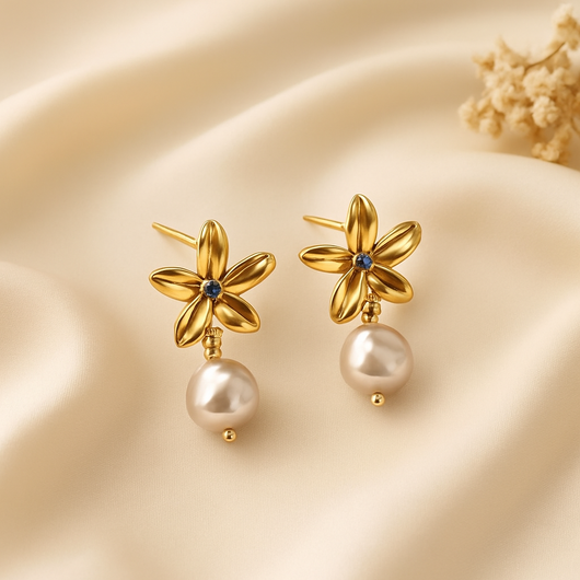 Flower with Blue Stone Pearl Drop Earring