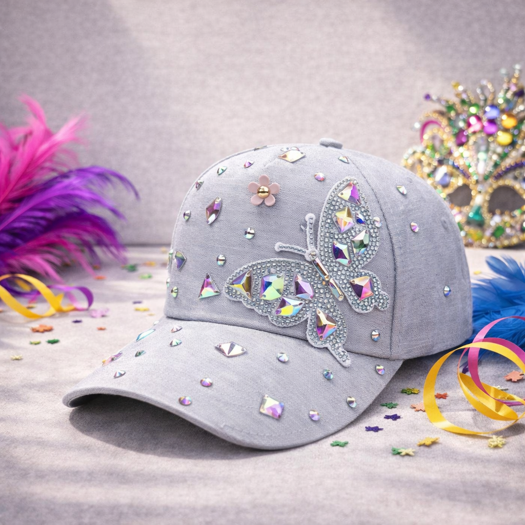 Gray Rhinestone Butterfly Cap
