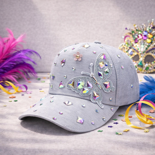 Gray Rhinestone Butterfly Cap