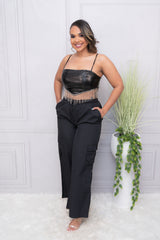 Black Faux Leather Rhinestone Fringe Crop Top