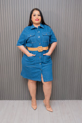 Blue Belted Denim Shirt Dress