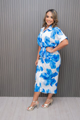 Blue Floral Short Sleeve Button Down Dress