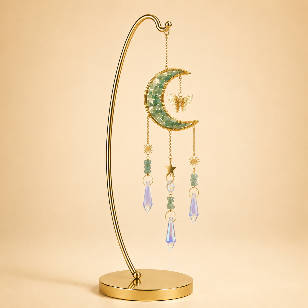 Green Aventurine Crystal Crescent Moon Wind Chime