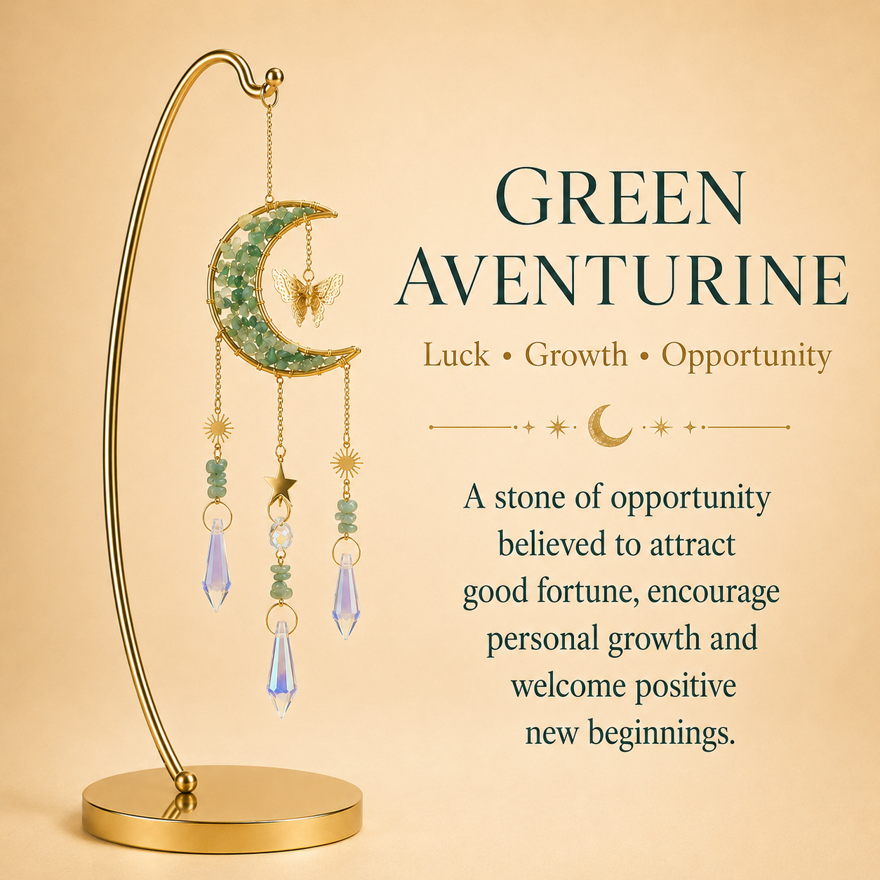 Green Aventurine Crystal Crescent Moon Wind Chime