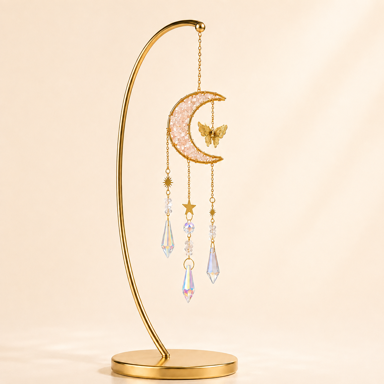 Rose Quartz Crystal Crescent Moon Wind Chime