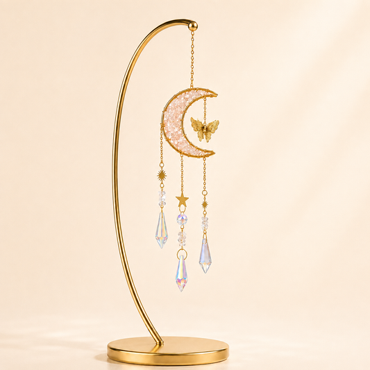 Rose Quartz Crystal Crescent Moon Wind Chime