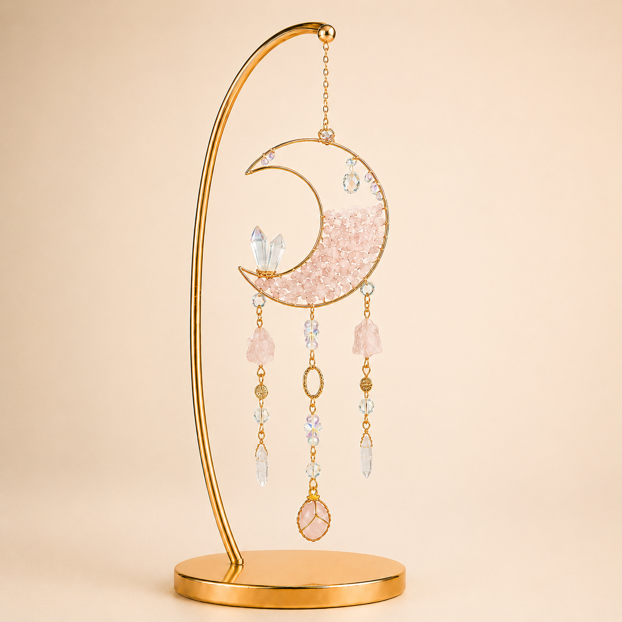 Rose Quartz Crescent Moon Wind Chime