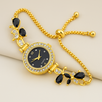 Gold/Black Butterfly Rhinestone Adjustable Watch