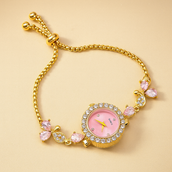 Gold/Pink Butterfly Rhinestone Adjustable Watch