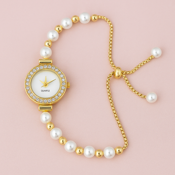 Gold Pearl with Rhinestones Adjustable Watch