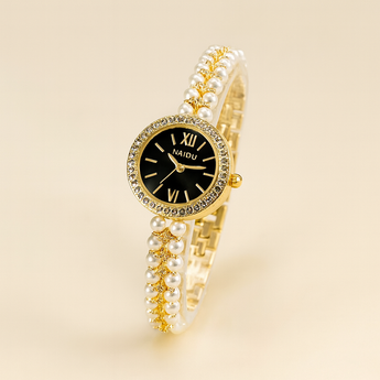 Round Gold/Black Pearl Adjustable Watch